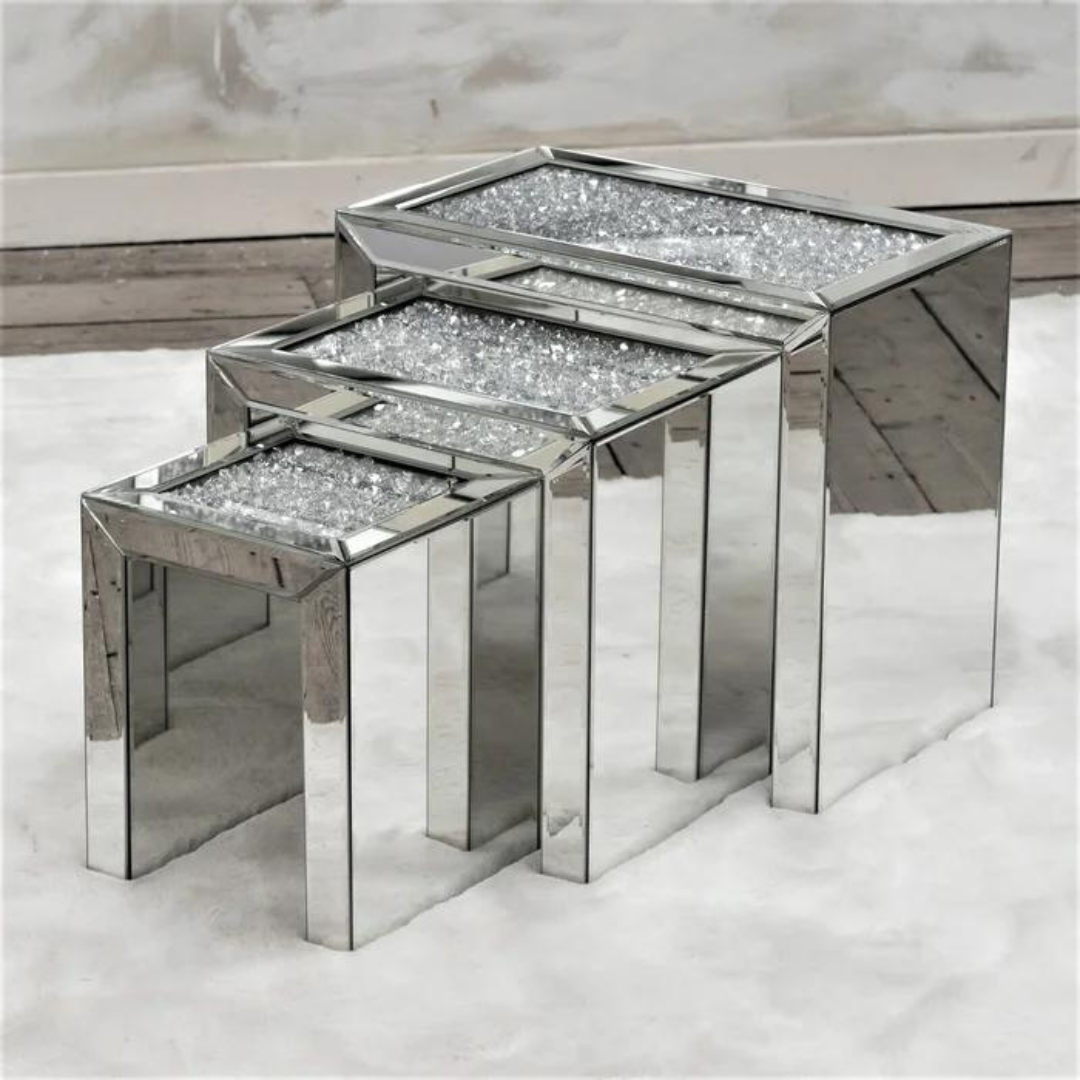 Crushed diamond mirrored store nest of tables