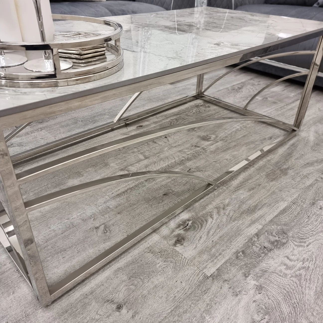 Stella Chrome Coffee Table with Stomach Ash Grey Sintered Top