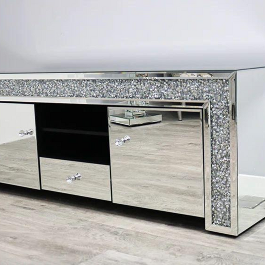 Crushed Diamond Mirrored 2 Door 1 Drawer TV Unit