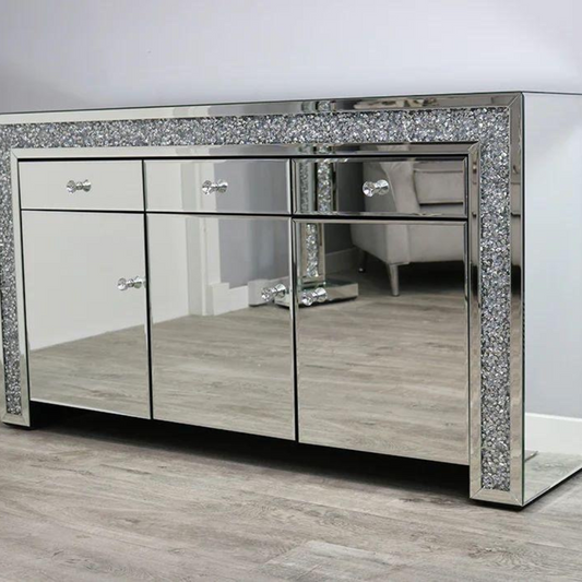 Crushed Diamond Mirrored Three Door Three Drawer Sideboard