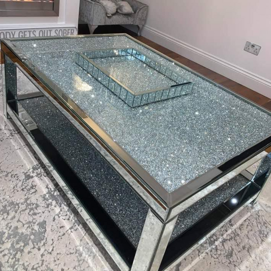 Crushed Diamond Mirrored Rectangular Double Tier Coffee Table