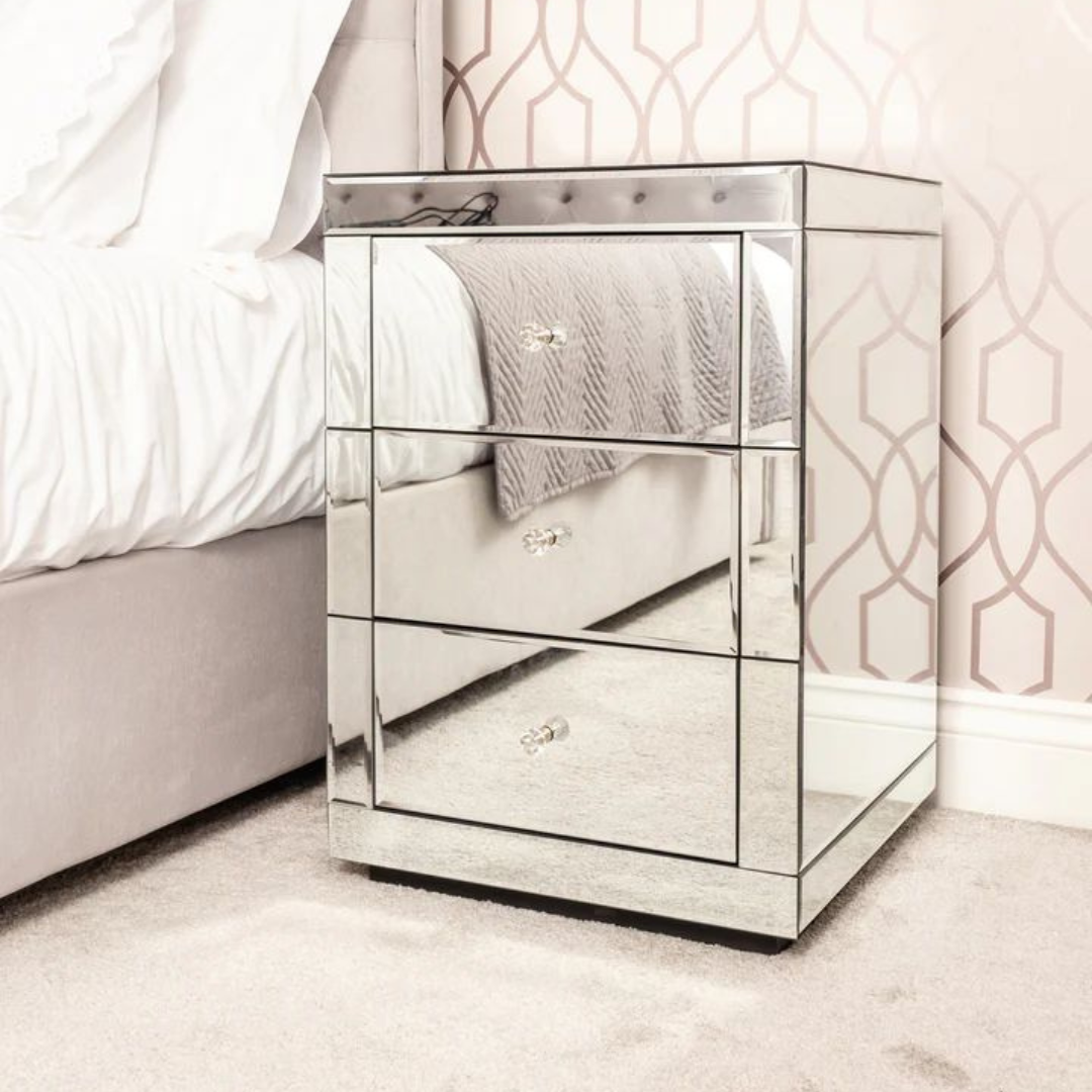 Mirrored 3 Drawer Bedside Cabinet Table