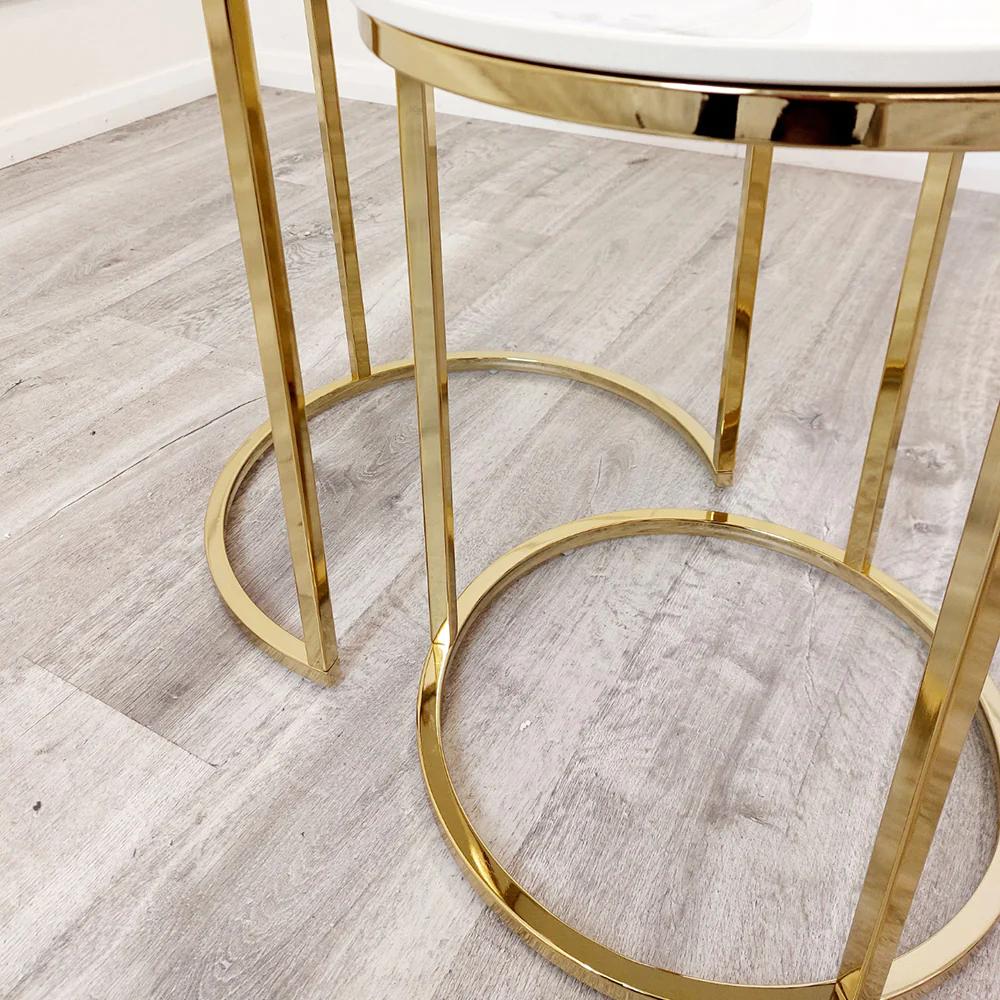 Cato Nest of 2 Tall Gold End Tables with Polar White Sintered Stone Tops