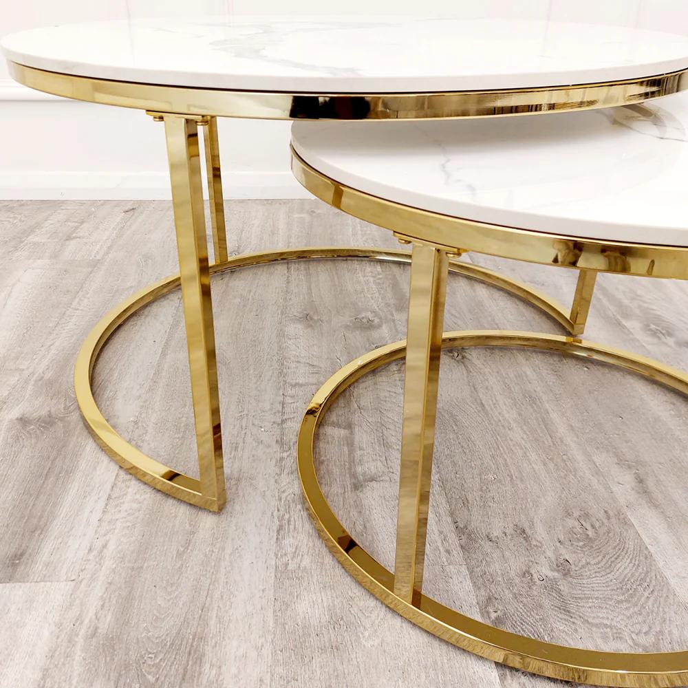 Cato Nest of 2 Short Round Coffee Gold Tables with Polar White Sintered Stone Tops