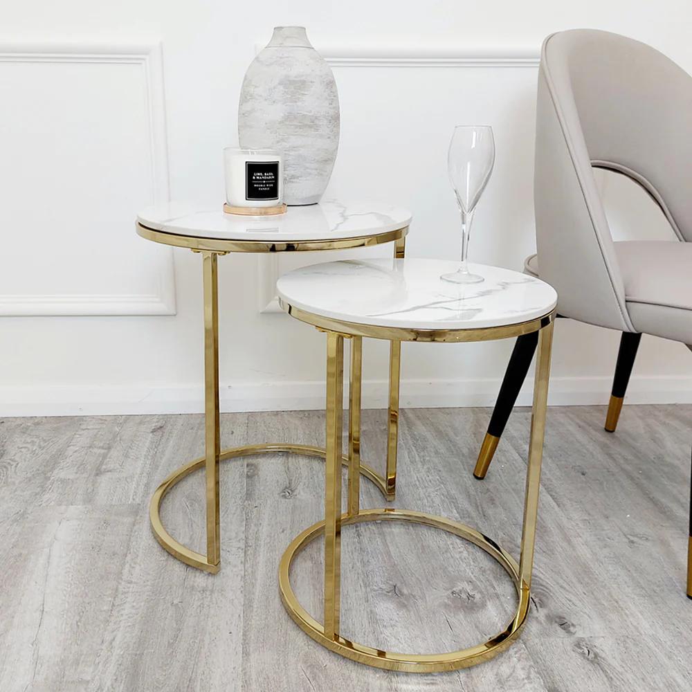 Cato Nest of 2 Tall Gold End Tables with Polar White Sintered Stone Tops