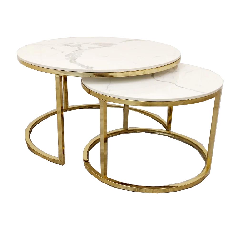 Cato Nest of 2 Short Round Coffee Gold Tables with Polar White Sintered Stone Tops