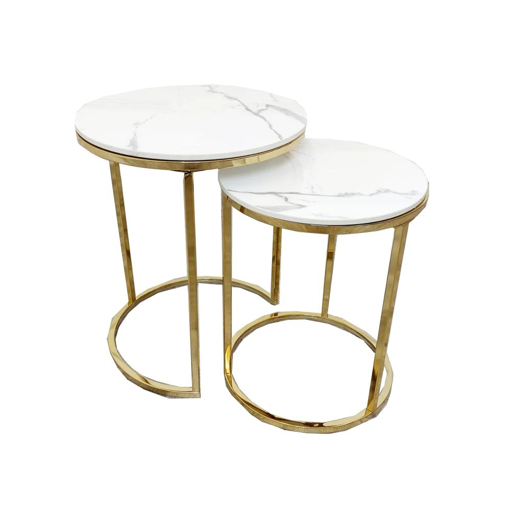 Cato Nest of 2 Tall Gold End Tables with Polar White Sintered Stone Tops